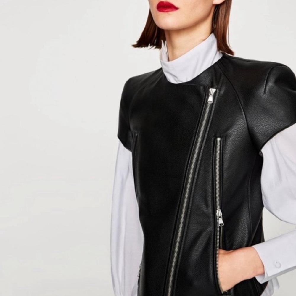 NWT RARE Minimalist Luxury Zara Short Sleeve Pebbled Faux Leather Moto Jacket - Picture 3 of 17